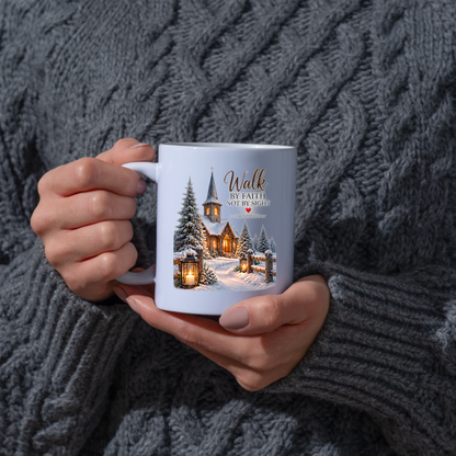 Christmas Mug "Walk By Faith Not By Sight 2 Corinthians 5:7" 325ml Ceramic Coffee Mug – Snowy Winter Church Scene Mug With Lanterns Pine Trees Christian Holiday Gift | Available in Multicolours | Fast Dispatch by UK Seller (M3303)