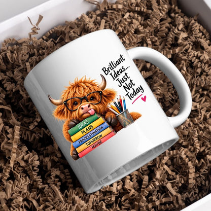 Humorous Mug "Brilliant Ideas... Just Not Today" Highland Cow 325ml Ceramic Coffee Mug Cute Animal Tea Cup with Glasses, Stacked Books & Pencils | Available in Multicolours | Fast Dispatch by UK Seller (M1281)