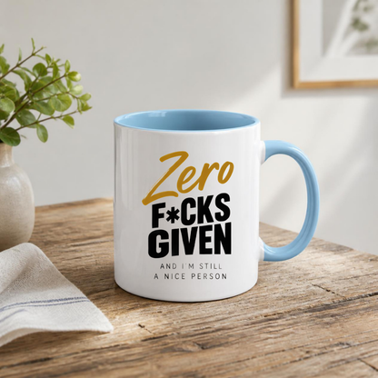 Sarcastic Mug "Zero F*CKS GIVEN And I'M Still A Nice Person" Gold Cursive Typography 325ml Ceramic Coffee Mug – Funny Swearing Tea Cup with Mustard Yellow Text Gift | Available in Multicolours | Fast Dispatch by UK Seller (M3065)
