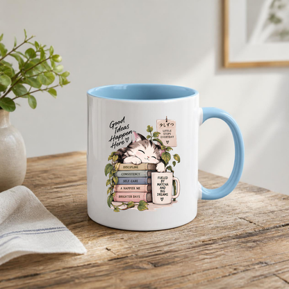 Inspirational Cat Mug "Good Ideas Happen Here" Sleeping Kitten & Books 325ml Ceramic Coffee Mug – Mindful Tea Cup with Greenery and Mug Graphic Gift | Available in Multicolours | Fast Dispatch by UK Seller (M3049)