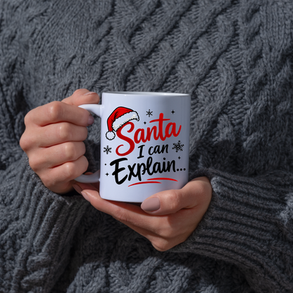 Funny Christmas Mug "Santa I Can Explain..." Santa I Can Explain... 325ml Ceramic Coffee Mug – Festive Humor Slogan with Red Santa Hat, Snowflakes & Star Sparkles | Winter Holiday Gift | Fast Dispatch by UK Seller (M3434)