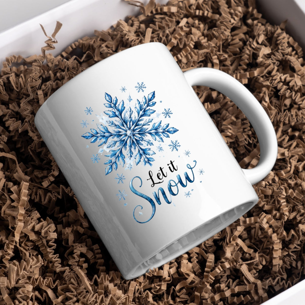 Elegant Mug "Let It Snow" Blue Snowflake 325ml Ceramic Coffee Mug Winter Holiday Tea Cup with Watercolor Crystal Design & Frosty Slogan Gift | Available in Multicolours | Fast Dispatch by UK Seller (M1250)