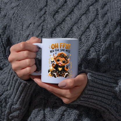 New Year Highland Cow Mug "Oh FFS! New Year, Same Mess" Oh FFS! New Year, Same Mess 325ml Ceramic Coffee Mug – Cute Highland Cow with Champagne, Star Glasses, Tutu & Confetti | Funny New Year Gift | Fast Dispatch by UK Seller (M3365)