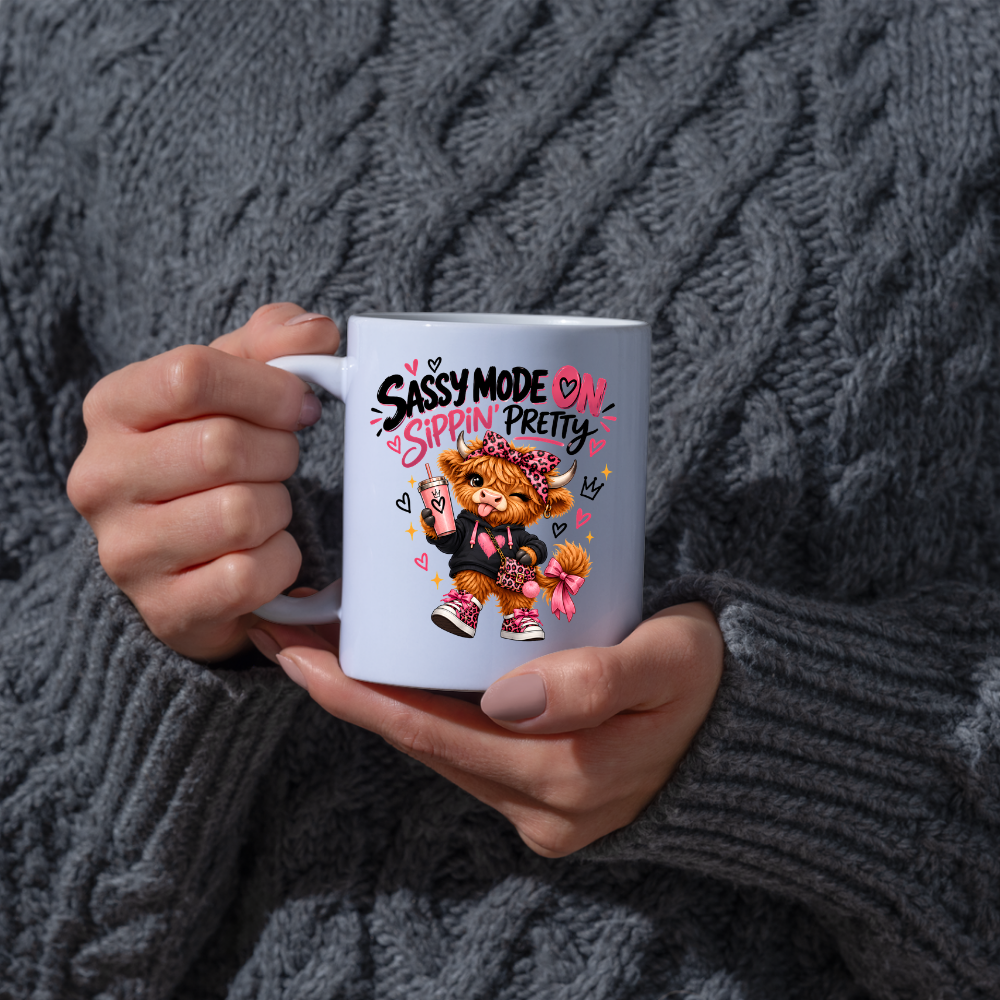 Funny Highland Cow Mug "Sassy Mode On Sippin' Pretty" Sassy Mode On Sippin' Pretty 325ml Ceramic Coffee Mug – Cute Highland Cow in Pink Leopard Bow & Sneakers | Funny Sassy Slogan Gift | Fast Dispatch by UK Seller (M3478)
