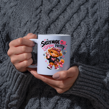 Funny Highland Cow Mug "Sassy Mode On Sippin' Pretty" Sassy Mode On Sippin' Pretty 325ml Ceramic Coffee Mug – Cute Highland Cow in Pink Leopard Bow & Sneakers | Funny Sassy Slogan Gift | Fast Dispatch by UK Seller (M3478)