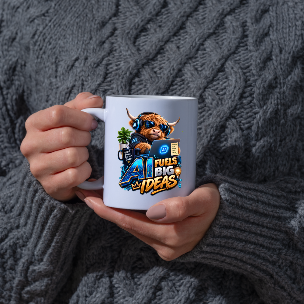 Tech Mug "AI Fuels Big Ideas" AI Fuels Big Ideas 325ml Ceramic Coffee Mug – Funny Highland Cow IT Programmer Mug with Good Ideas Better Code & Laptop | Gift for Developers | Fast Dispatch by UK Seller (M3329)