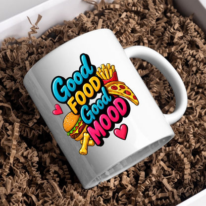 Foodie Mug "Good Food Good Mood" 325ml Ceramic Coffee Mug Cute Fast Food Lover Tea Cup with Burger, Pizza Slice & Fries Gift | Available in Multicolours | Fast Dispatch by UK Seller (M1308)
