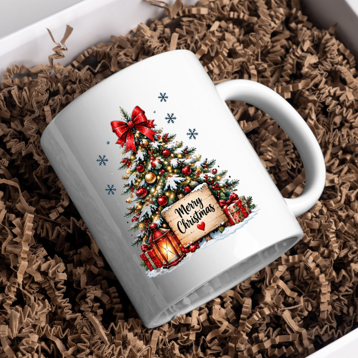 Cozy Mug "Merry Christmas" Red Bow Christmas Tree 325ml Ceramic Coffee Mug – Festive Winter Holiday Tea Cup with Lantern, Sign & Gifts Gift | Available in Multicolours | Fast Dispatch by UK Seller (M1264)