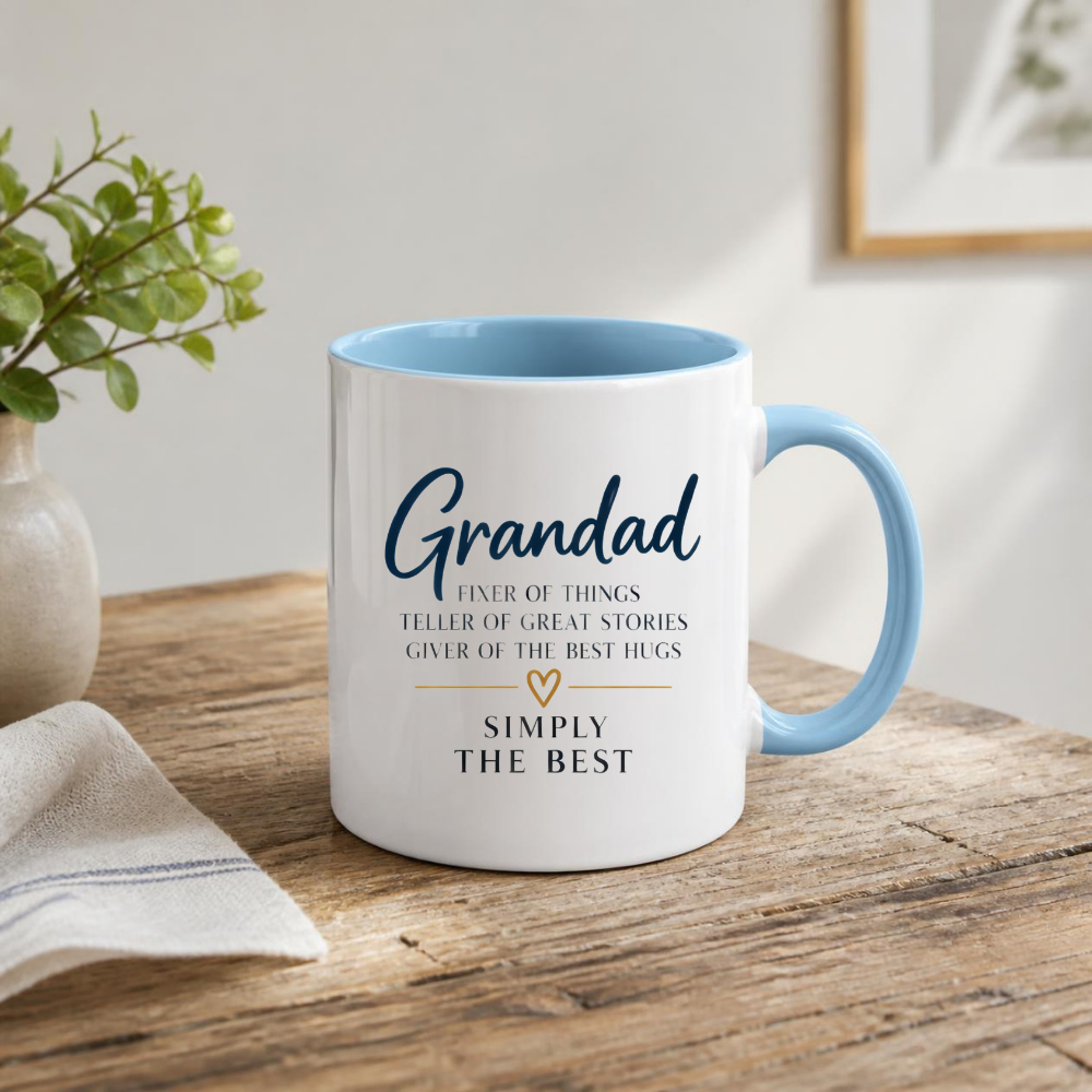Grandad Mug "Grandad FIXER OF THINGS TELLER OF GREAT STORIES SIMPLY THE BEST" Sweet Grandpa 325ml Ceramic Coffee Mug Heartwarming Grandad Tea Cup with Gold Heart Graphic Gift | Available in Multicolours | Fast Dispatch by UK Seller (M3023)