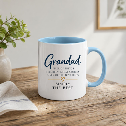 Grandad Mug "Grandad FIXER OF THINGS TELLER OF GREAT STORIES SIMPLY THE BEST" Sweet Grandpa 325ml Ceramic Coffee Mug Heartwarming Grandad Tea Cup with Gold Heart Graphic Gift | Available in Multicolours | Fast Dispatch by UK Seller (M3023)