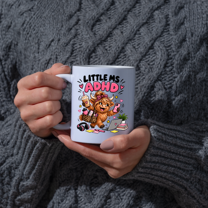 Funny ADHD Highland Cow Mug "Little Ms ADHD" Little Ms ADHD 325ml Ceramic Coffee Mug – Cute Highland Cow with Leopard Bow, Laptop, Coffee & Chaos | Relatable Neurodivergent & ADHD Humor Gift | Fast Dispatch by UK Seller (M3461)