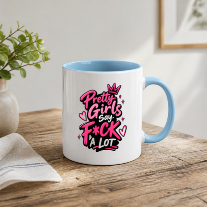 Sassy Mug "PRETTY GIRLS SAY F*CK A LOT" Pink Typography 325ml Ceramic Coffee Mug Novelty Sweary Tea Cup with Crown, Sparkles & Hearts Graphic Gift | Available in Multicolours | Fast Dispatch by UK Seller (M3089)