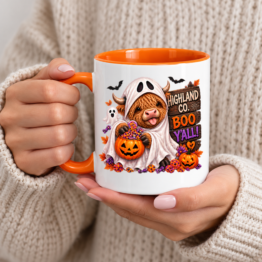 Halloween Mug "Highland Cow Ghost Boo Y'all" Highland Cow Ghost Boo Y'all 325ml Ceramic Coffee Mug – Cute Halloween Autumn Tea Cup with Ghost Sheet Highland Cow Jack O Lantern Candy Bucket Bats Graphic Gift | Fast Dispatch by UK Seller (M3212)