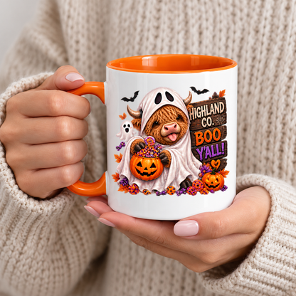 Halloween Mug "Highland Cow Ghost Boo Y'all" Highland Cow Ghost Boo Y'all 325ml Ceramic Coffee Mug – Cute Halloween Autumn Tea Cup with Ghost Sheet Highland Cow Jack O Lantern Candy Bucket Bats Graphic Gift | Fast Dispatch by UK Seller (M3212)