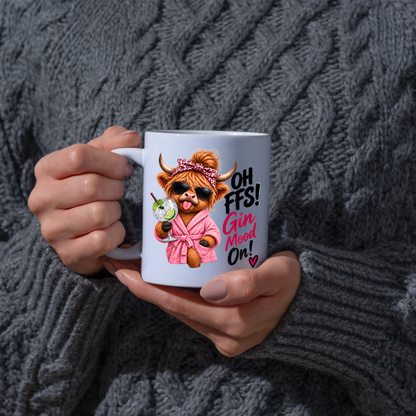 Highland Cow Gin Lover Mug "Oh FFS Gin Mood On!" Oh FFS! Gin Mood On! 325ml Ceramic Coffee Mug – Cute Highland Cow in Pink Bathrobe & Leopard Bow Holding Gin & Tonic Cocktail Glass | Funny Gift | Fast Dispatch by UK Seller (M3391)