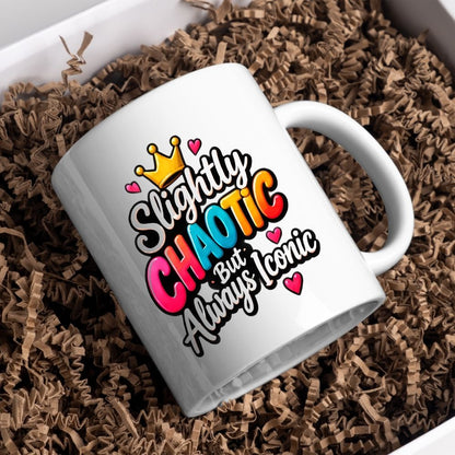 Sassy Mug "Slightly Chaotic But Always Iconic" 325ml Ceramic Coffee Mug Cute Bold Typography Tea Cup with Gold Crown & Pink Hearts Gift | Available in Multicolours | Fast Dispatch by UK Seller (M1301)