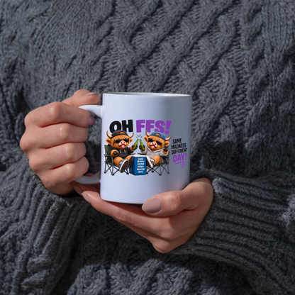 Camping Besties Highland Cows Mug "OH FFS! Same Madness Different Day!" Oh Ffs! Same Madness Different Day! 325ml Ceramic Coffee Mug – Cute Highland Cows in Camping Chairs Toasting Beer Bottles | Funny Bestie Gift | Fast Dispatch by UK Seller (M3373)