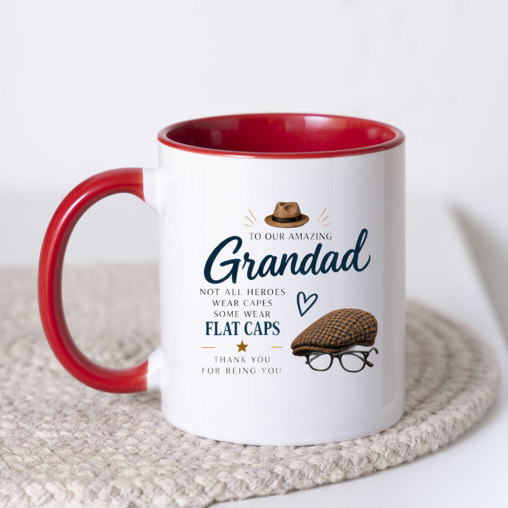 Family Mug "TO OUR AMAZING Grandad NOT ALL HEROES WEAR CAPES SOME WEAR FLAT CAPS" Sweet Grandpa 325ml Ceramic Coffee Mug Heartwarming Grandad Tea Cup with Flat Cap & Glasses Graphic Gift | Available in Multicolours | Fast Dispatch by UK Seller (M3017)