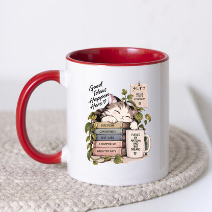 Inspirational Cat Mug "Good Ideas Happen Here" Sleeping Kitten & Books 325ml Ceramic Coffee Mug – Mindful Tea Cup with Greenery and Mug Graphic Gift | Available in Multicolours | Fast Dispatch by UK Seller (M3049)