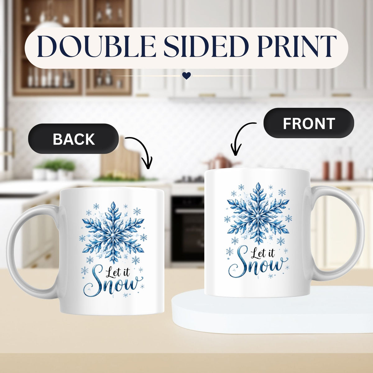 Elegant Mug "Let It Snow" Blue Snowflake 325ml Ceramic Coffee Mug Winter Holiday Tea Cup with Watercolor Crystal Design & Frosty Slogan Gift | Available in Multicolours | Fast Dispatch by UK Seller (M1250)