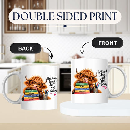 Humorous Mug "Brilliant Ideas... Just Not Today" Highland Cow 325ml Ceramic Coffee Mug Cute Animal Tea Cup with Glasses, Stacked Books & Pencils | Available in Multicolours | Fast Dispatch by UK Seller (M1281)
