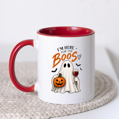 Halloween Mug "I'M HERE FOR THE BOOS" Wine Ghost 325ml Ceramic Coffee Mug Cute Ghost Tea Cup with Pumpkin & Wine Glass Graphic Gift | Available in Multicolours | Fast Dispatch by UK Seller (M3081)