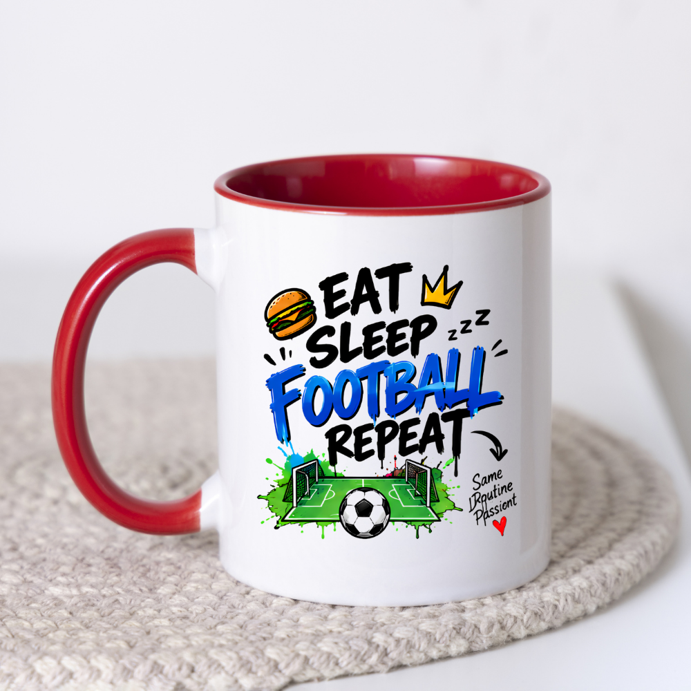 Football Mug "EAT SLEEP FOOTBALL REPEAT" Pitch Graphic 325ml Ceramic Coffee Mug Sporty Routine Tea Cup with Burger, Crown, Pitch & "Same Routine Passion" Graphic Gift | Available in Multicolours | Fast Dispatch by UK Seller (M3097)