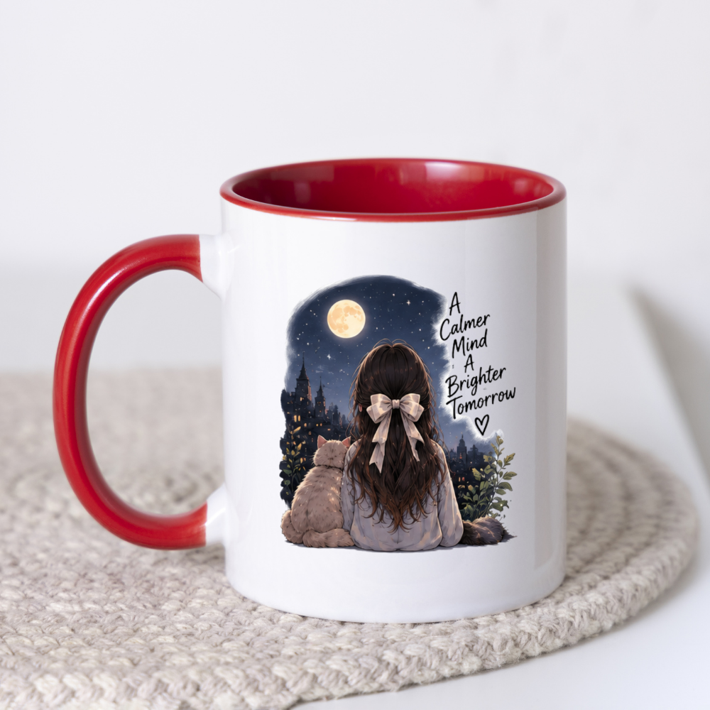 Inspirational Mug "A Calmer Mind A Brighter Tomorrow" Girl & Cat Night Sky 325ml Ceramic Coffee Mug Serene Anime Tea Cup with Full Moon & City Skyline Graphic Gift | Available in Multicolours | Fast Dispatch by UK Seller (M3029)
