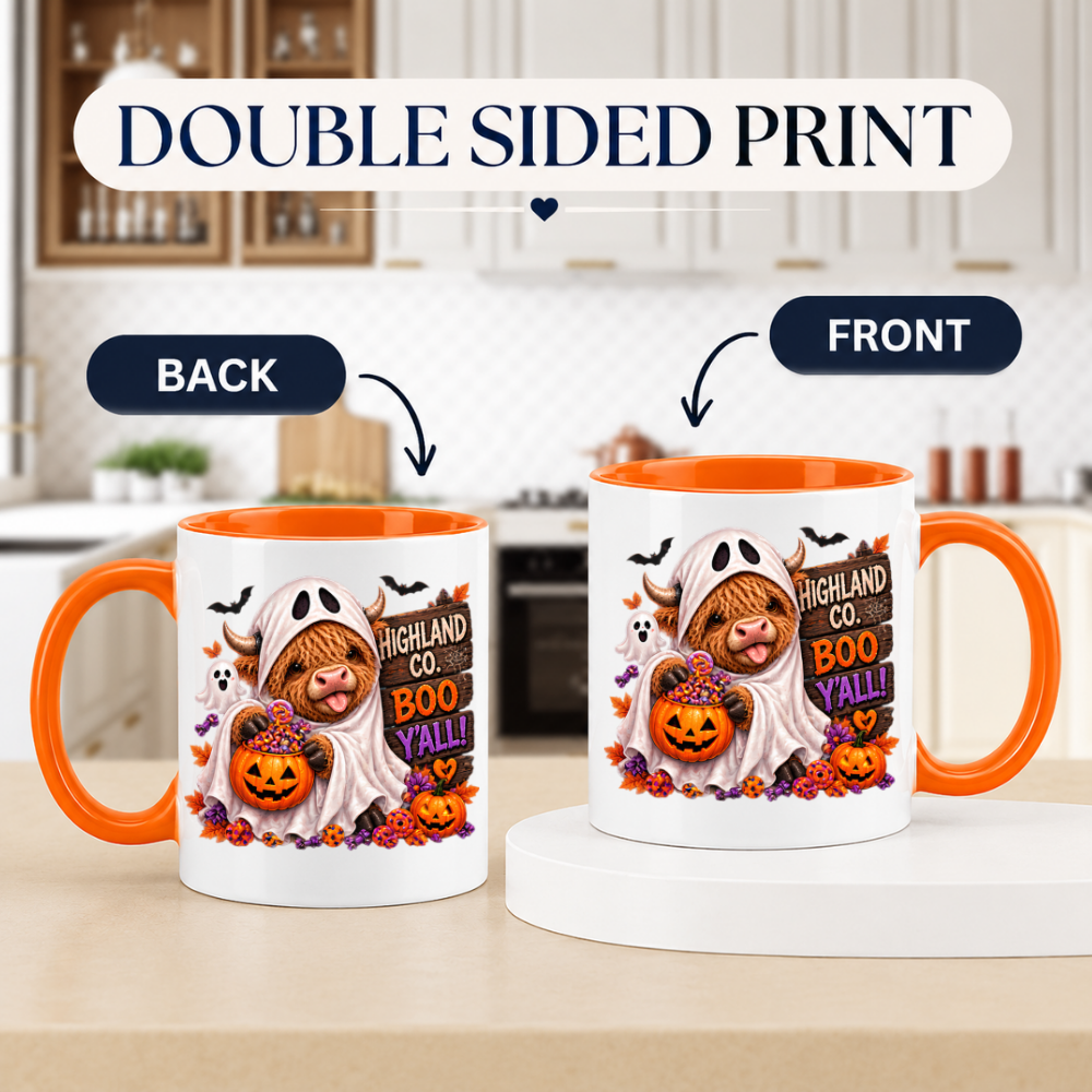 Halloween Mug "Highland Cow Ghost Boo Y'all" Highland Cow Ghost Boo Y'all 325ml Ceramic Coffee Mug – Cute Halloween Autumn Tea Cup with Ghost Sheet Highland Cow Jack O Lantern Candy Bucket Bats Graphic Gift | Fast Dispatch by UK Seller (M3212)