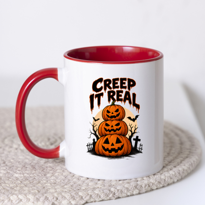 Halloween Mug "CREEP IT Real" Pumpkin Stack 325ml Ceramic Coffee Mug – Novelty Autumn Tea Cup with Jack-o'-Lantern Trio & Graveyard Graphic Gift | Available in Multicolours | Fast Dispatch by UK Seller (M3073)
