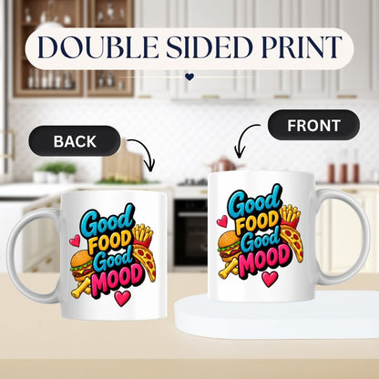 Foodie Mug "Good Food Good Mood" 325ml Ceramic Coffee Mug Cute Fast Food Lover Tea Cup with Burger, Pizza Slice & Fries Gift | Available in Multicolours | Fast Dispatch by UK Seller (M1308)