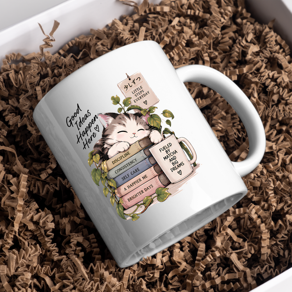 Inspirational Cat Mug "Good Ideas Happen Here" Sleeping Kitten & Books 325ml Ceramic Coffee Mug – Mindful Tea Cup with Greenery and Mug Graphic Gift | Available in Multicolours | Fast Dispatch by UK Seller (M3049)
