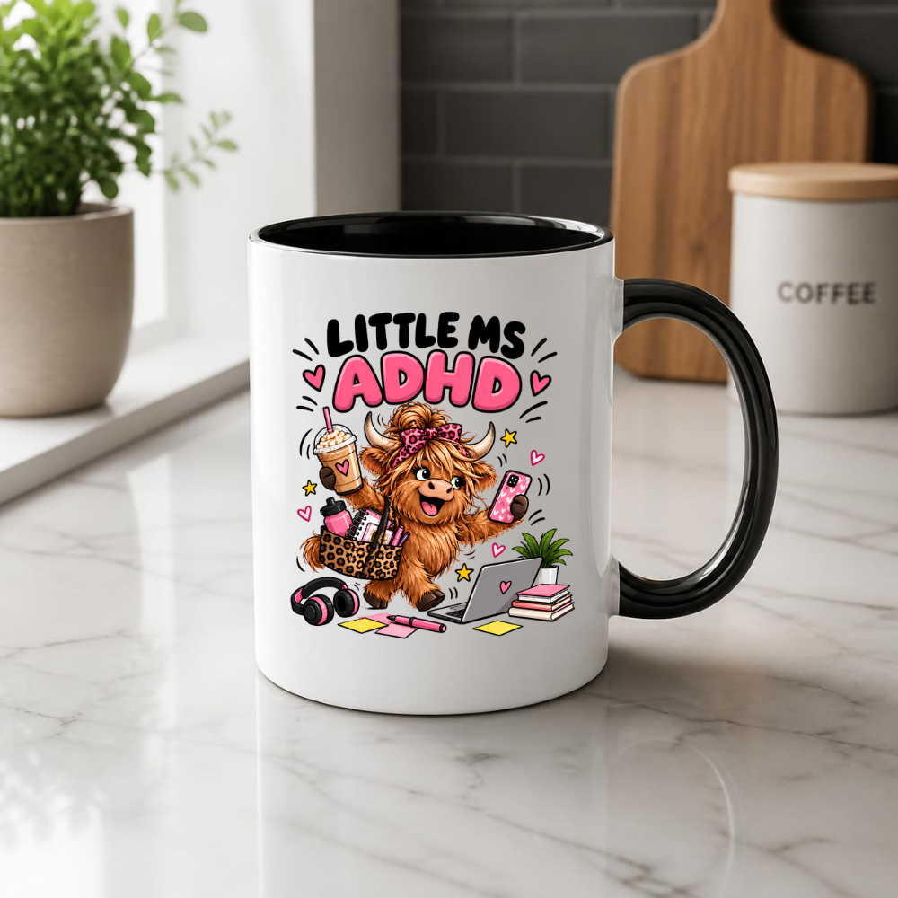 Funny ADHD Highland Cow Mug "Little Ms ADHD" Little Ms ADHD 325ml Ceramic Coffee Mug – Cute Highland Cow with Leopard Bow, Laptop, Coffee & Chaos | Relatable Neurodivergent & ADHD Humor Gift | Fast Dispatch by UK Seller (M3461)