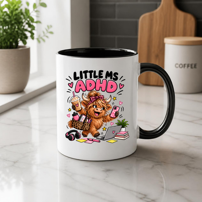 Funny ADHD Highland Cow Mug "Little Ms ADHD" Little Ms ADHD 325ml Ceramic Coffee Mug – Cute Highland Cow with Leopard Bow, Laptop, Coffee & Chaos | Relatable Neurodivergent & ADHD Humor Gift | Fast Dispatch by UK Seller (M3461)