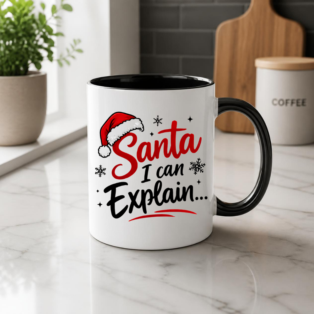 Funny Christmas Mug "Santa I Can Explain..." Santa I Can Explain... 325ml Ceramic Coffee Mug – Festive Humor Slogan with Red Santa Hat, Snowflakes & Star Sparkles | Winter Holiday Gift | Fast Dispatch by UK Seller (M3434)