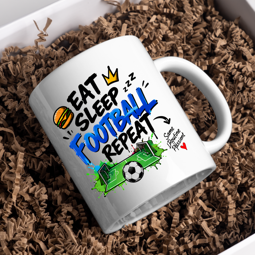 Football Mug "EAT SLEEP FOOTBALL REPEAT" Pitch Graphic 325ml Ceramic Coffee Mug Sporty Routine Tea Cup with Burger, Crown, Pitch & "Same Routine Passion" Graphic Gift | Available in Multicolours | Fast Dispatch by UK Seller (M3097)