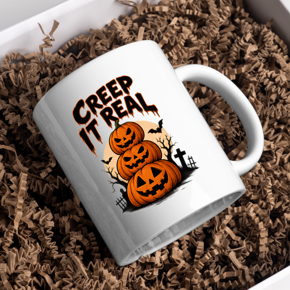 Halloween Mug "CREEP IT Real" Pumpkin Stack 325ml Ceramic Coffee Mug – Novelty Autumn Tea Cup with Jack-o'-Lantern Trio & Graveyard Graphic Gift | Available in Multicolours | Fast Dispatch by UK Seller (M3073)