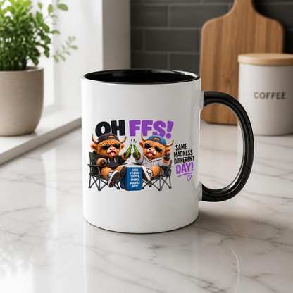 Camping Besties Highland Cows Mug "OH FFS! Same Madness Different Day!" Oh Ffs! Same Madness Different Day! 325ml Ceramic Coffee Mug – Cute Highland Cows in Camping Chairs Toasting Beer Bottles | Funny Bestie Gift | Fast Dispatch by UK Seller (M3373)