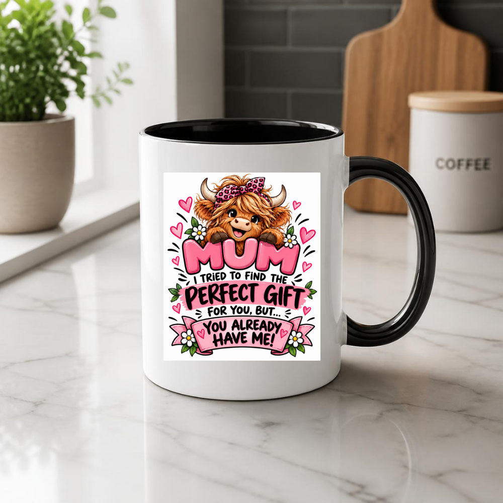 Funny Highland Cow Mug "Mum I Tried To Find The Perfect Gift" Mum I Tried To Find The Perfect Gift For You 325ml Ceramic Coffee Mug –Cute Highland Cow with Leopard Bandana & Floral Ribbon | Mother's Day & Birthday Gift | Fast Dispatch by UK Seller (M3447)