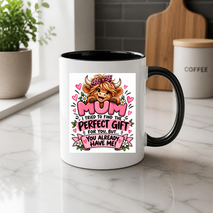 Funny Highland Cow Mug "Mum I Tried To Find The Perfect Gift" Mum I Tried To Find The Perfect Gift For You 325ml Ceramic Coffee Mug –Cute Highland Cow with Leopard Bandana & Floral Ribbon | Mother's Day & Birthday Gift | Fast Dispatch by UK Seller (M3447)