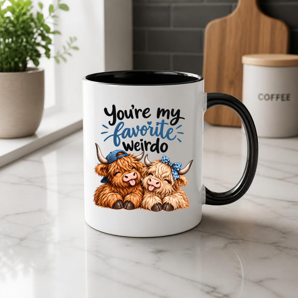 Funny Highland Cow Mug "You're My Favorite Weirdo" You're My Favorite Weirdo 325ml Ceramic Coffee Mug – Cute Couple Highland Cows with Blue Baseball Cap & Polka Dot Bow | Romantic & Funny Gift | Fast Dispatch by UK Seller (M3454)