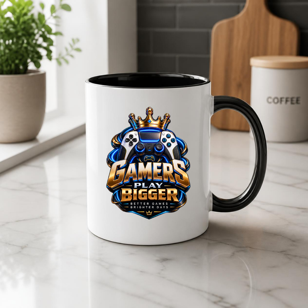Gaming Mug "Gamers Play Bigger" Gamers Play Bigger 325ml Ceramic Coffee Mug – Royal Gold & Blue Gaming Controller Crest with Crown & Slogan | Video Game Gift | Fast Dispatch by UK Seller (M3349)