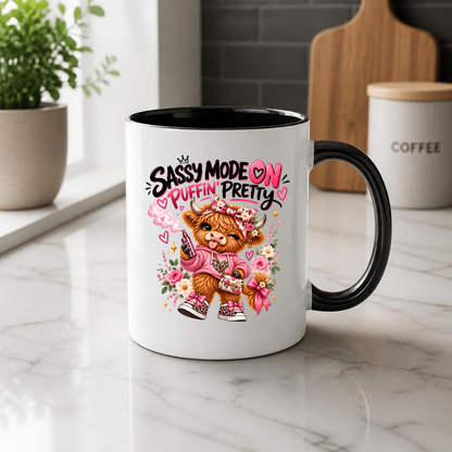 Highland Cow Mug "Sassy Mode On Puffin' Pretty" 325ml Ceramic Coffee Tea Cup – Pink Floral Bow, Hoodie & Vape Novelty Gift for Bestie, Women, Birthday – Fast Dispatch by UK Seller (M3496)