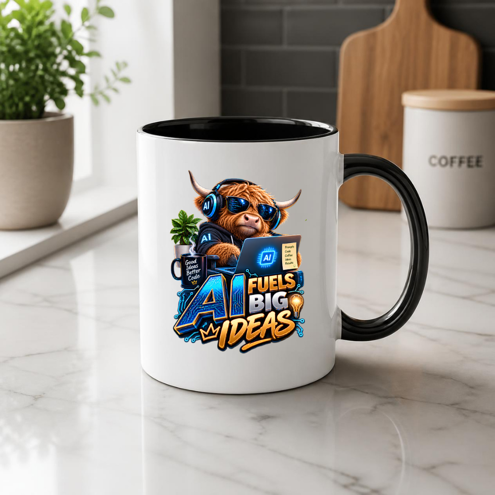 Tech Mug "AI Fuels Big Ideas" AI Fuels Big Ideas 325ml Ceramic Coffee Mug – Funny Highland Cow IT Programmer Mug with Good Ideas Better Code & Laptop | Gift for Developers | Fast Dispatch by UK Seller (M3329)