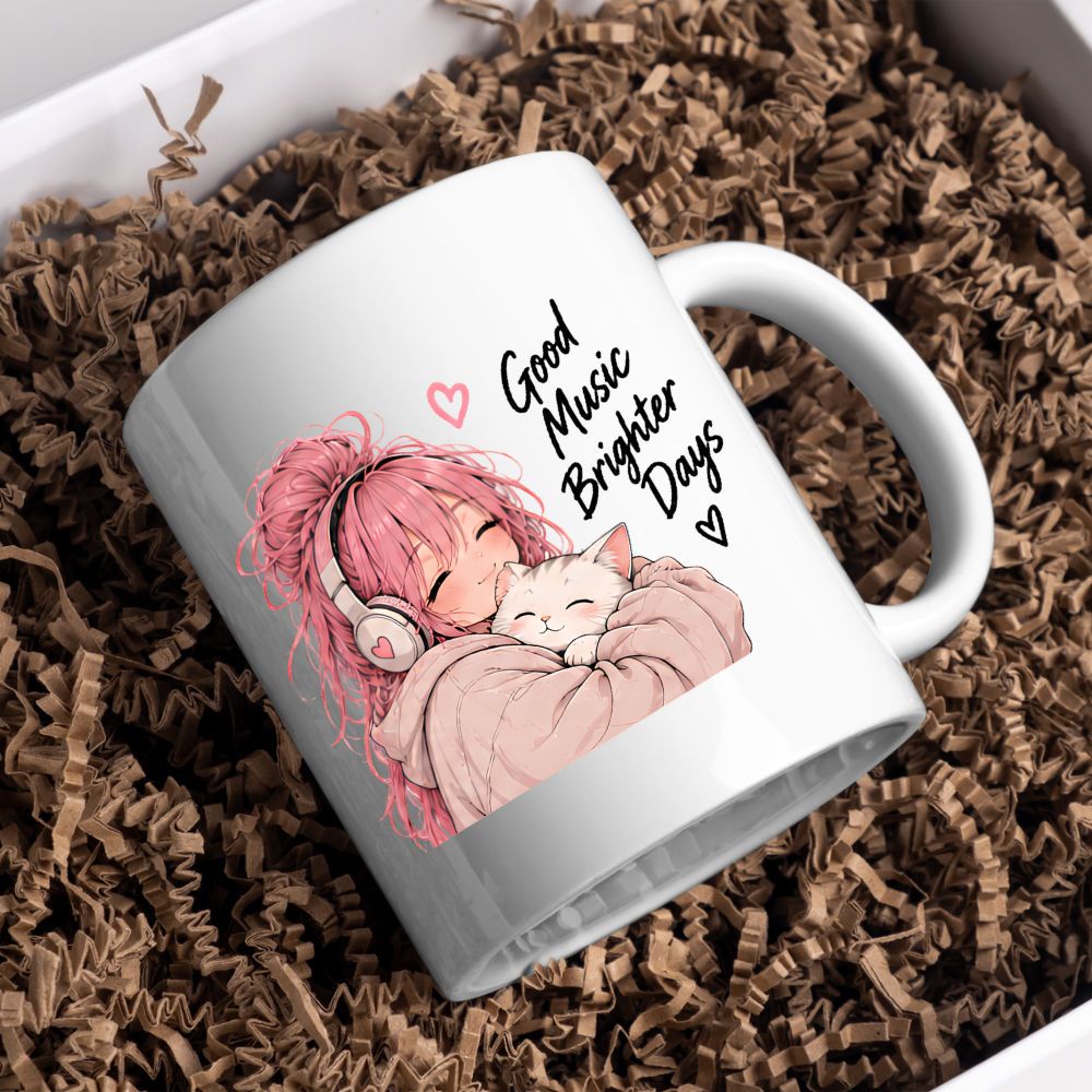 Inspirational Anime Mug "Good Music Brighter Days" Pink Hair Girl & Cat 325ml Ceramic Coffee Mug Wholesome Tea Cup with Headphones & Sleeping Kitten Graphic Gift | Available in Multicolours | Fast Dispatch by UK Seller (M3037)