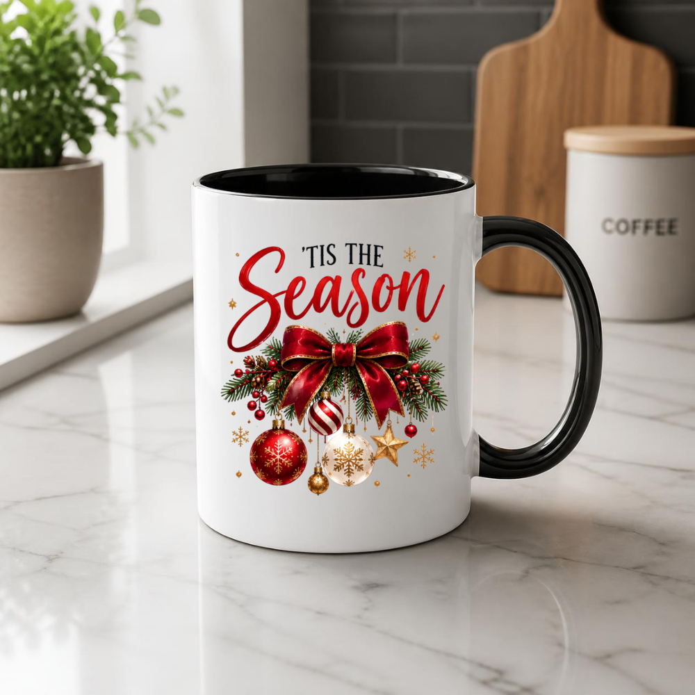 Christmas Bow Ornaments Mug "'Tis The Season" 'Tis The Season 325ml Ceramic Coffee Mug – Festive Red Bow with Hanging Baubles, Stars & Pine Branches | Holiday Gift | Fast Dispatch by UK Seller (M3401)
