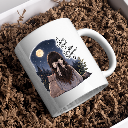 Inspirational Mug "A Calmer Mind A Brighter Tomorrow" Girl & Cat Night Sky 325ml Ceramic Coffee Mug Serene Anime Tea Cup with Full Moon & City Skyline Graphic Gift | Available in Multicolours | Fast Dispatch by UK Seller (M3029)
