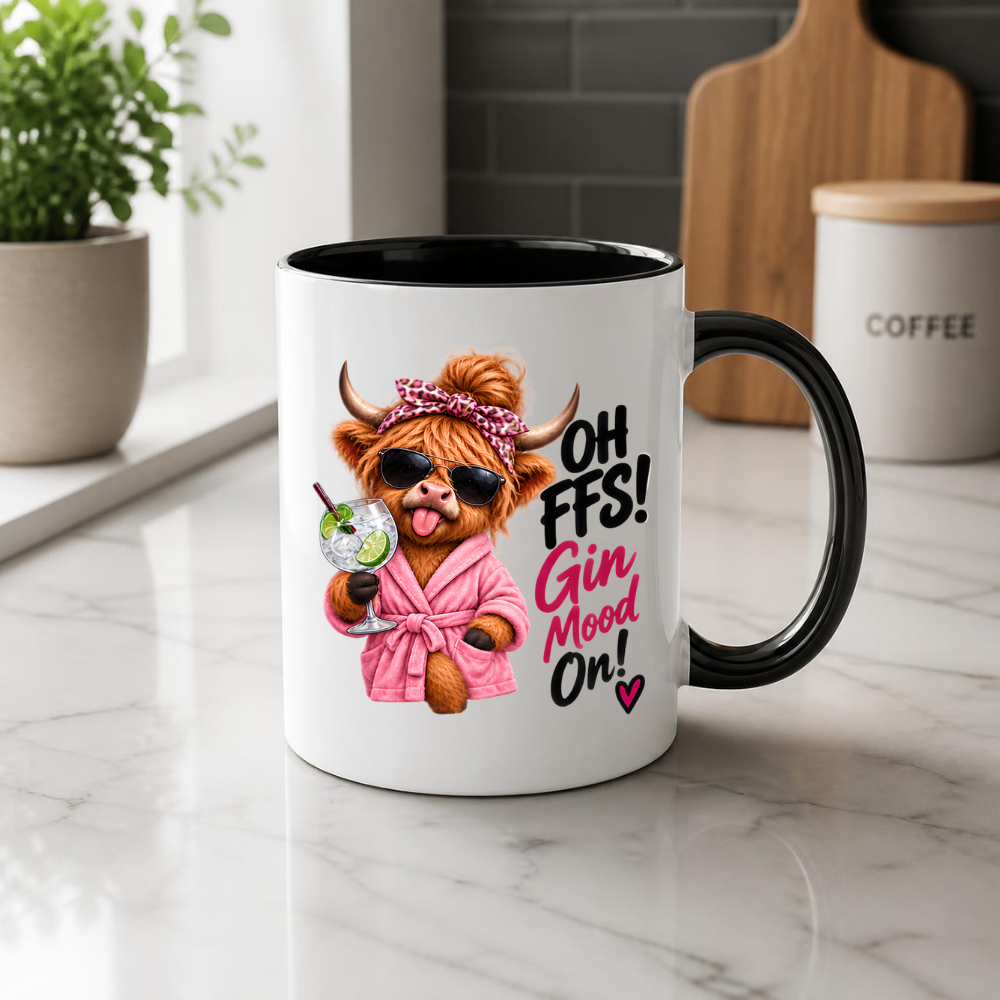 Highland Cow Gin Lover Mug "Oh FFS Gin Mood On!" Oh FFS! Gin Mood On! 325ml Ceramic Coffee Mug – Cute Highland Cow in Pink Bathrobe & Leopard Bow Holding Gin & Tonic Cocktail Glass | Funny Gift | Fast Dispatch by UK Seller (M3391)