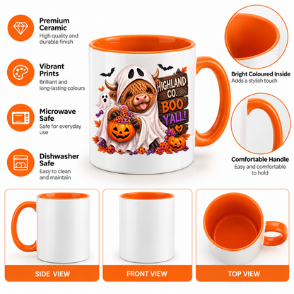 Halloween Mug "Highland Cow Ghost Boo Y'all" Highland Cow Ghost Boo Y'all 325ml Ceramic Coffee Mug – Cute Halloween Autumn Tea Cup with Ghost Sheet Highland Cow Jack O Lantern Candy Bucket Bats Graphic Gift | Fast Dispatch by UK Seller (M3212)