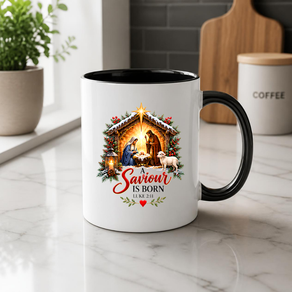 Religious Christmas Mug "A Saviour Is Born" Nativity Scene A Saviour Is Born 325ml Ceramic Coffee Mug – Christian Nativity Scene Scripture Mug with Luke 2:11, Manger, Lantern & Lamb | Religious Christmas Gift | Fast Dispatch by UK Seller (M3357)